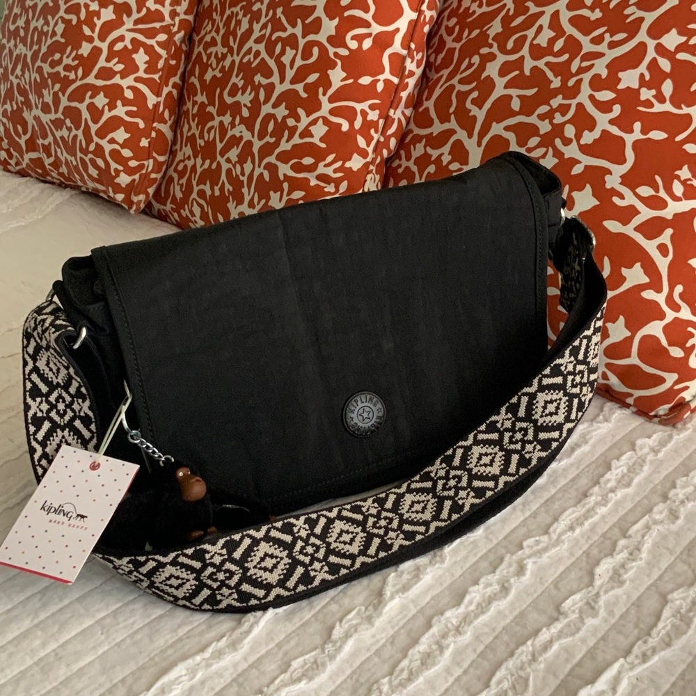 Kipling Black Crossbody Bag with Patterned Strap